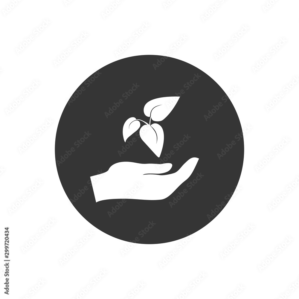 Isolated icon of plant in gray hand on white background. Silhouette of leaf and hand. Symbol of care, protection, charity Isolated icon of plant in gray hand on white background. Silhouette of leaf and hand. Symbol of care, protection, charity