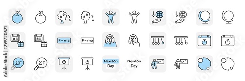 Newton's Day Set Line Vector Icon. Contains such Icons as Newton, Laws of physics and gravity, Flying Apple, Calendar, Teacher, blackboard and projector Editable Stroke. 32x32 Pixel Perfect