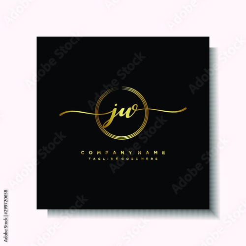 Initial JW Handwriting logo brush circle template is gold color. Handwriting logo minimalist Gold color luxury