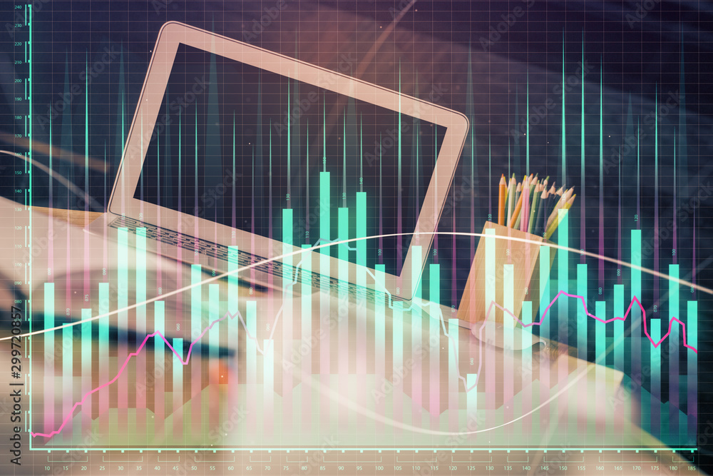 Financial market graph hologram and personal computer on background. Double exposure. Concept of forex. Financial market graph hologram and personal computer on background. Double exposure. Concept of forex.