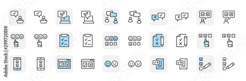Set of Survey Related Vector Line Icons. Contains such Icons as Smile, Sad, Review, Click, Check, Customer Opinion, Web Survey and more. Editable Stroke. 32x32 Pixel Perfect