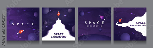 Vector illustration in abstract flat style. Minimalistic color space. Space exploration concept. Posters with copy space for text. Set of violet backgrounds. Square social media templates