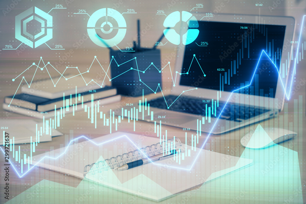 Fototapeta premium Forex market chart hologram and personal computer background. Multi exposure. Concept of investment.