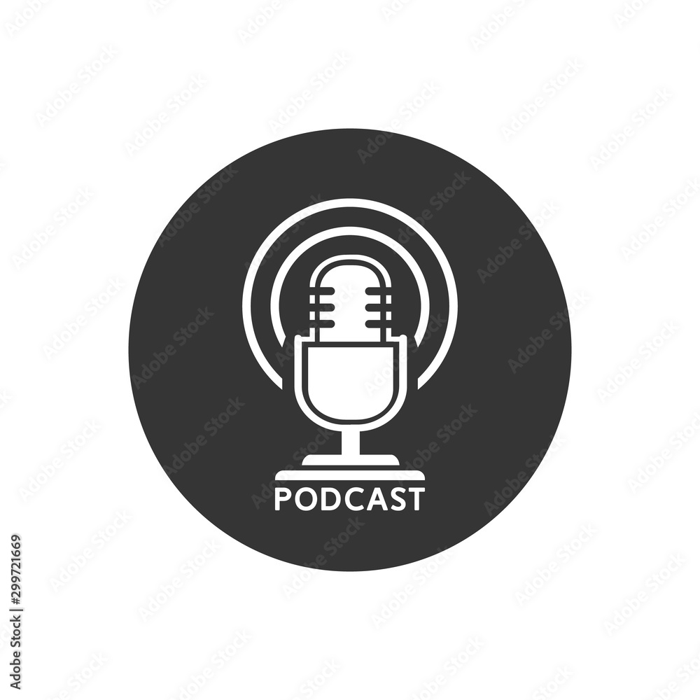 Podcast radio icon illustration. Studio table microphone with broadcast text podcast. Webcast audio record concept logo Podcast radio icon illustration. Studio table microphone with broadcast text podcast. Webcast audio record concept logo