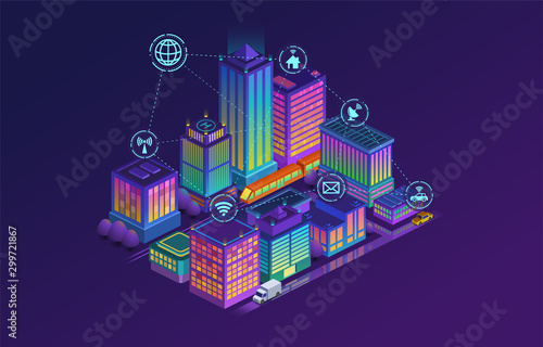 Smart city concept. Building automation with computer networking. Vector illustration