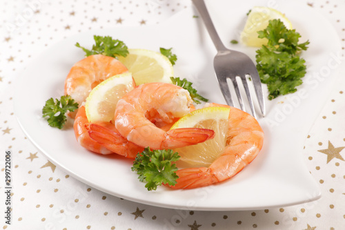 festive appetizer, shrimp with sauce and herbs
