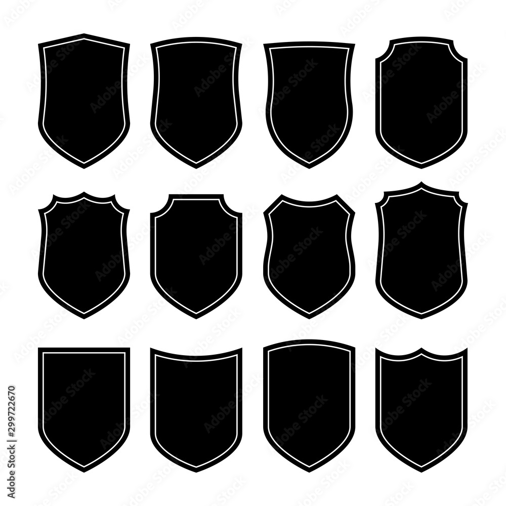 Shield icons set. Different black shield shapes on white background. Vector illustration