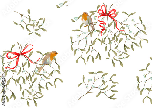 Seamless pattern, background. Mistletoe, Robin bird and ribbon. Colored vector illustration © Elen  Lane
