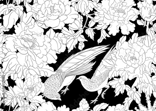 Peony tree branch with flowers with pheasants in the style of Chinese painting on silk. Seamless pattern, background. Vector illustration. Outline hand drawing. On sky blue background..