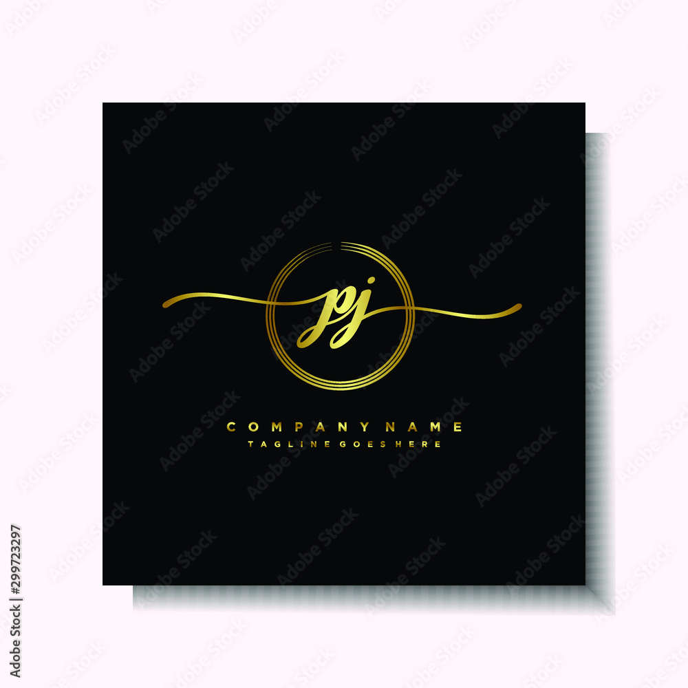 Initial PJ Handwriting logo brush circle template is gold color. Handwriting logo minimalist Gold color luxury Initial PJ Handwriting logo brush circle template is gold color. Handwriting logo minimalist Gold color luxury