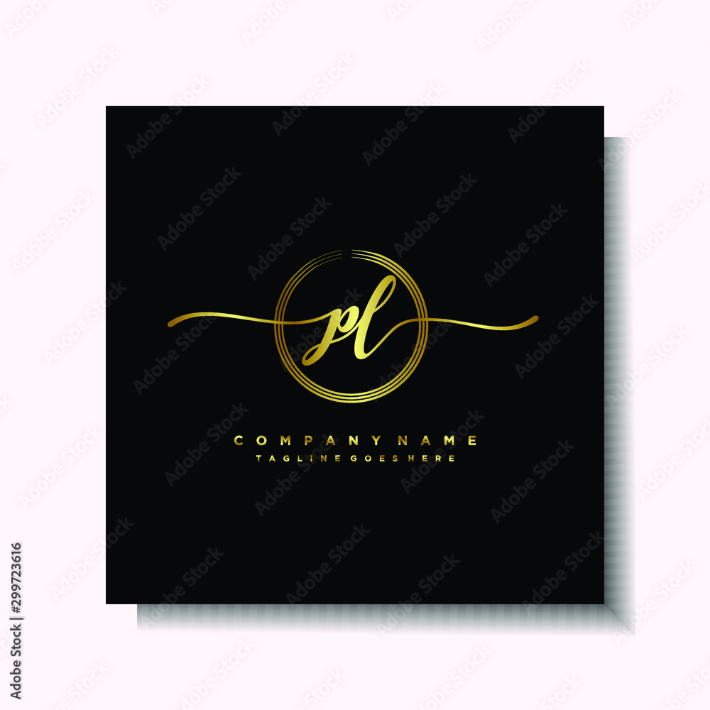Initial PL Handwriting logo brush circle template is gold color. Handwriting logo minimalist Gold color luxury Initial PL Handwriting logo brush circle template is gold color. Handwriting logo minimalist Gold color luxury