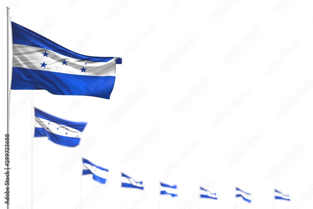 Obraz premium beautiful Honduras isolated flags placed diagonal, picture with bokeh and space for your text - any celebration flag 3d illustration..