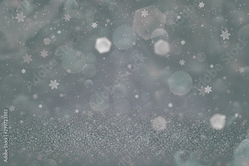 cute shiny glitter lights defocused bokeh abstract background and falling snow flakes fly, festal mockup texture with blank space for your content