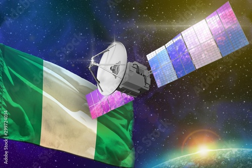 Space communications technology concept - satellite with Nigeria flag, 3D Illustration