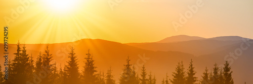 Panorama of sunset in the mountains landscape with forest and big shining sun