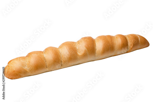 Long baguette isolated on white background.Сlose-up.Loaf of white bread.