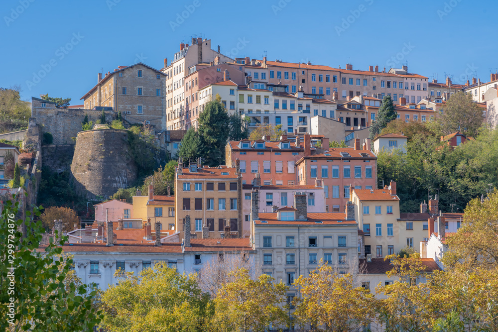 Lyon, France - 10 26 2019: The Croix-Rousse district from the banks of the Rhône