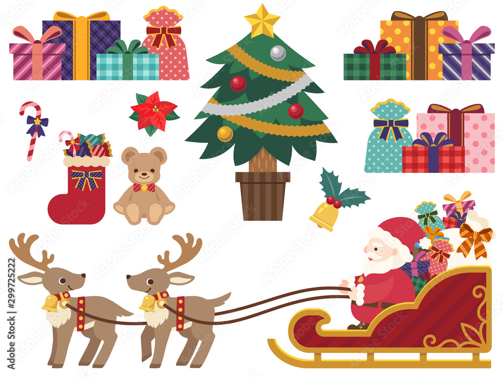 クリスマスのイラストセット ソリを引くトナカイとサンタクロースとツリーとプレゼント Stock Vector Adobe Stock