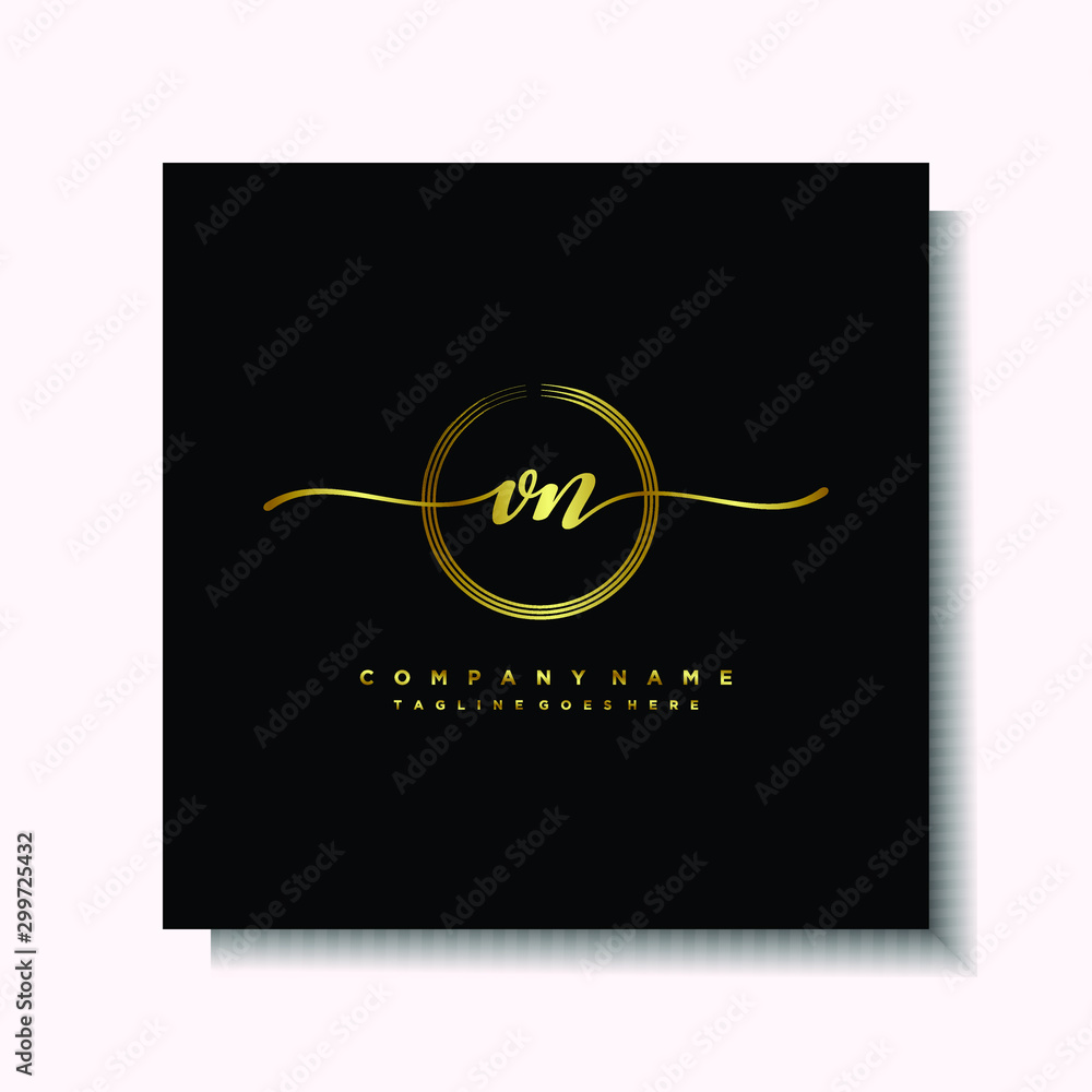 Initial VN Handwriting logo brush circle template is gold color. Handwriting logo minimalist Gold color luxury Initial VN Handwriting logo brush circle template is gold color. Handwriting logo minimalist Gold color luxury