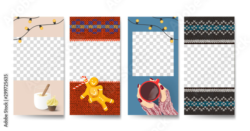 Vector set of Knitted Christmas social media stories design templates, party  background / banners, 2020 new year greeting cards, mobile story wallpaper layout