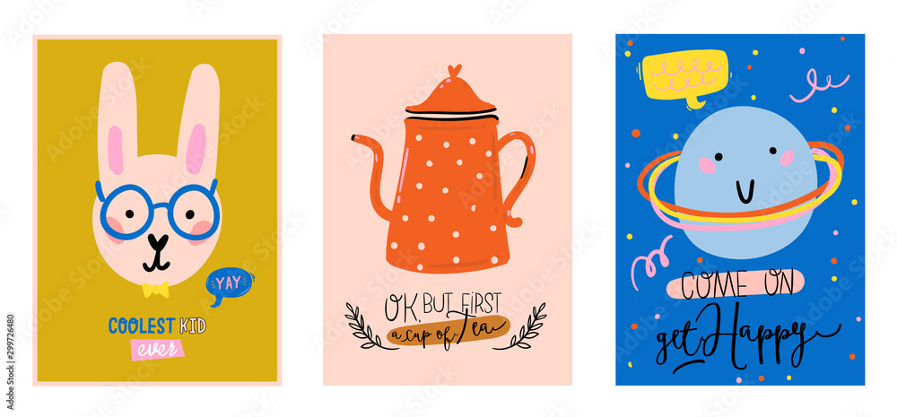 Fototapeta premium Cute scandinavian characters set including trendy quotes and cool decorative hand drawn elements.