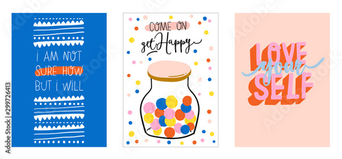 Cute scandinavian characters set including trendy quotes and cool decorative hand drawn elements.