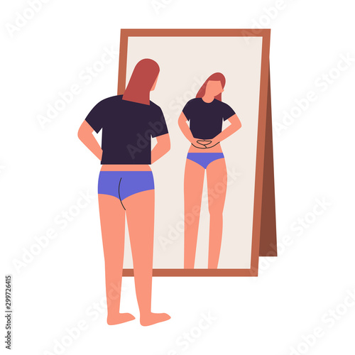 Woman looking at mirror checking if she lost weight. dysmorphophobia, self hate, dissatisfaction with appearance concept. Flat vector illustration