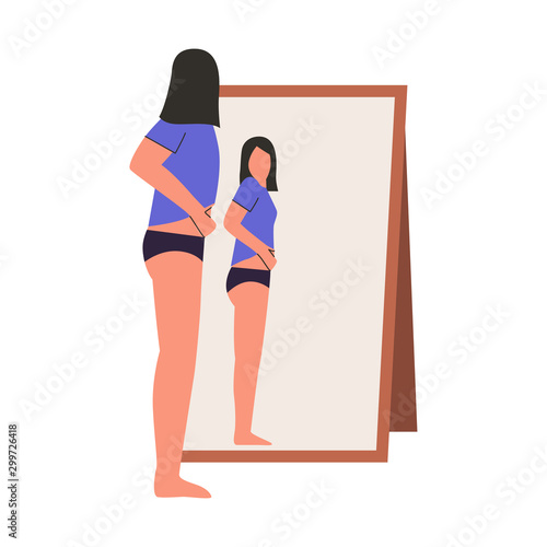 Woman looking at mirror checking if she lost weight. dysmorphophobia, self hate, dissatisfaction with appearance concept. Flat vector illustration