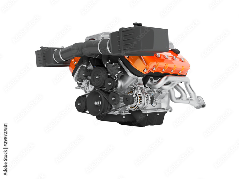 Engine for an air cooled car with generator on the cables 3D render on white background no shadow