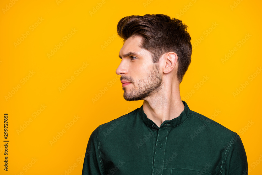 Close up photo of pensive thoughtful macho looking away to show the result of hairdresser work and how profusely his beard grows being millennial isolated vibrant color background Close up photo of pensive thoughtful macho looking away to show the result of hairdresser work and how profusely his beard grows being millennial isolated vibrant color background