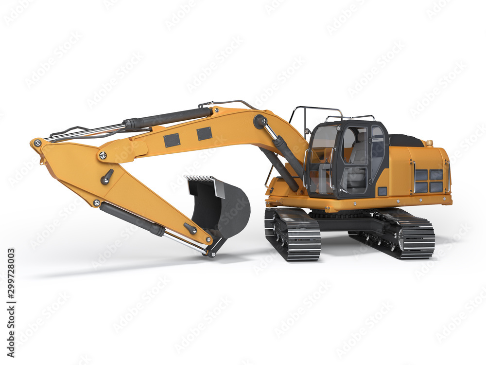 Concept hydraulic excavator with backhoe detailed 3d rendering on white background with shadow Concept hydraulic excavator with backhoe detailed 3d rendering on white background with shadow