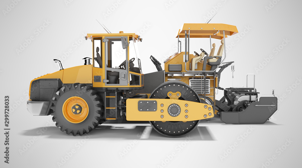 Concept road construction equipment for road works asphalt paver construction roller 3d rendering on gray background with shadow