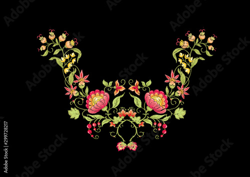 Tradition mughal motif, fantasy flowers in retro, vintage style. Element for design. Embroidery imitation. Vector illustration. Isolated on black background