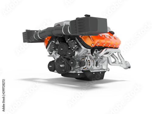 Engine for an air cooled car with generator on the cables 3D render on white background with shadow
