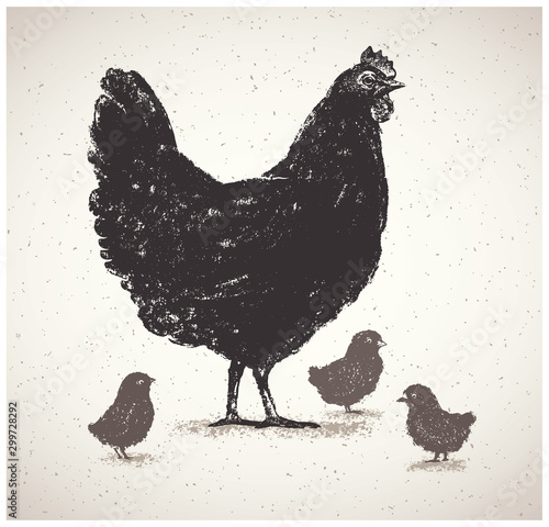 Graphic silhouette of a chicken with little chickens