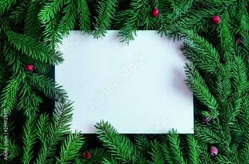 Christmas tree branches background. Christmas frame. Holiday's Background Happy New Year. Christmas tree frame. Design for banner, post