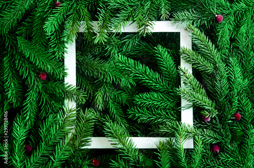 Christmas tree branches background. Christmas frame. Holiday's Background Happy New Year. Christmas tree frame. Design for banner, post