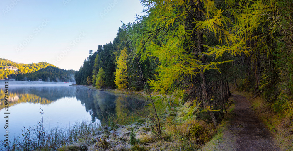 Mountain lake panorama with mountains reflection. Idyllic look. Autumn forest. Silvaplana Lake, Switzerland Mountain lake panorama with mountains reflection. Idyllic look. Autumn forest. Silvaplana Lake, Switzerland