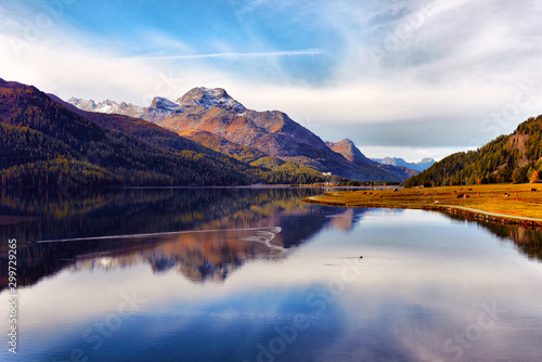Mountain lake panorama with mountains reflection. Idyllic look. Autumn forest. Silvaplana Lake  Switzerland