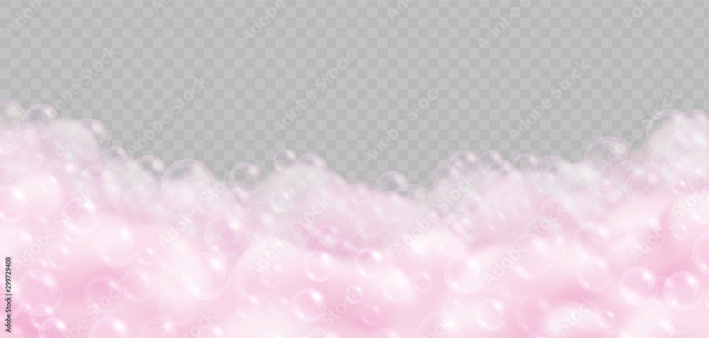 Realistic pink bath foam with bubbles isolated on transparent background. Sparkling shampoo and soap lather vector illustration.