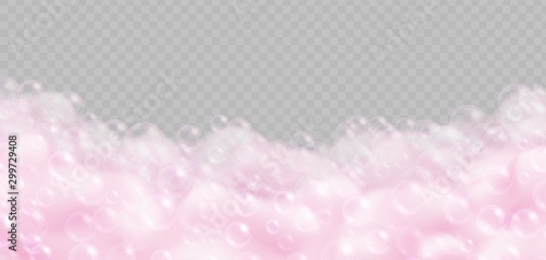 Realistic pink bath foam with bubbles isolated on transparent background. Sparkling shampoo and soap lather vector illustration.