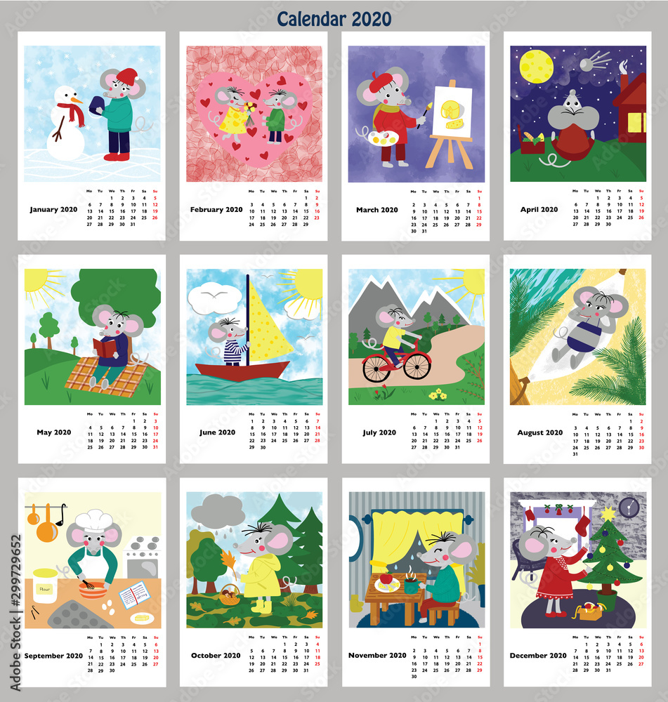 Fototapeta premium Children calendar 2020 for whole year, with main hero rat or mouse, a symbol of the new year. The week starts on Monday. Cartoon style digital drawing, raster