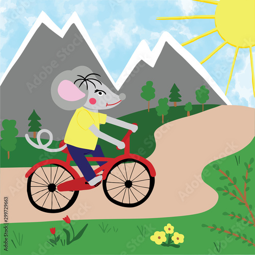 Rat or mouse rides a bicycle on the country road, mountains and trees on background. Cartoon style digital drawing for calendar 2020, symbol of new year, raster
