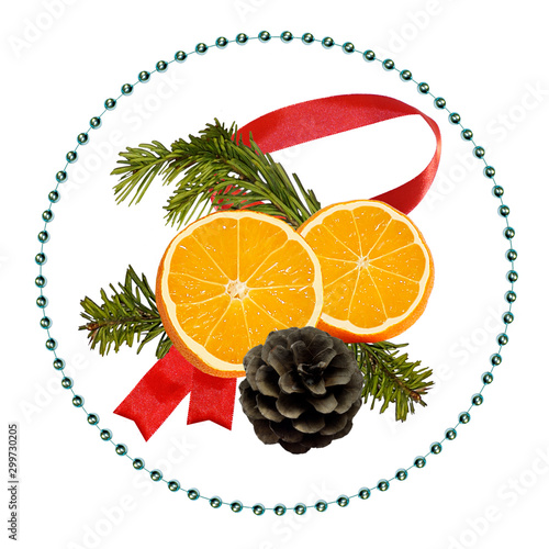 New Year composition. Christmas background with spruce branches, ribbon, cone, orange slices and beads.