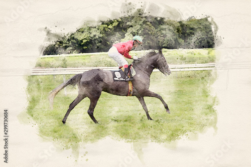 Racing horse and jockey in watercolor illustration