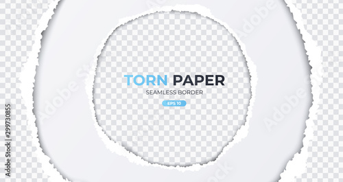 Seamless torn ripped paper layered isolated. Round paper scrap. White color. Transparent background. Realistic template. Simple modern design. Flat style vector illustration.
