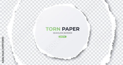 Seamless torn ripped paper layered isolated. Round paper scrap. White color. Transparent background. Realistic template. Simple modern design. Flat style vector illustration.