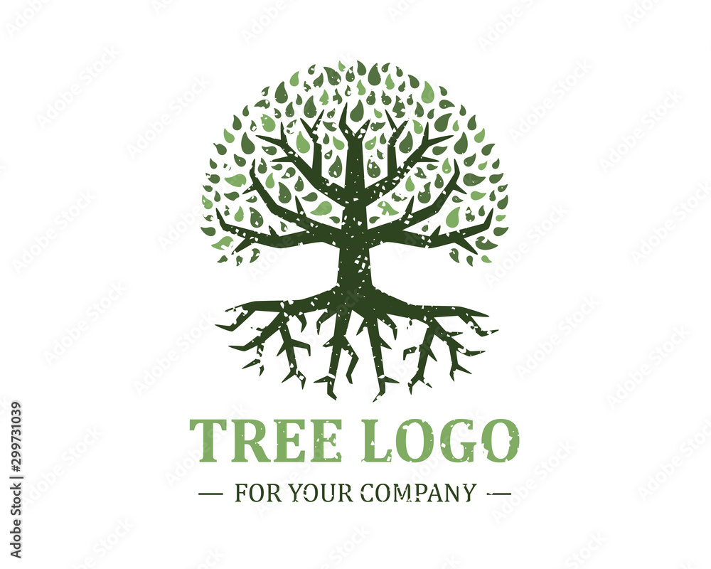 Fototapeta premium Tree logo isolated on a white background. Classic design. Green and brown colors. Lettering. Space for text. Leaves and roots. Simple modern concept. Circle form. Flat style vector illustration.