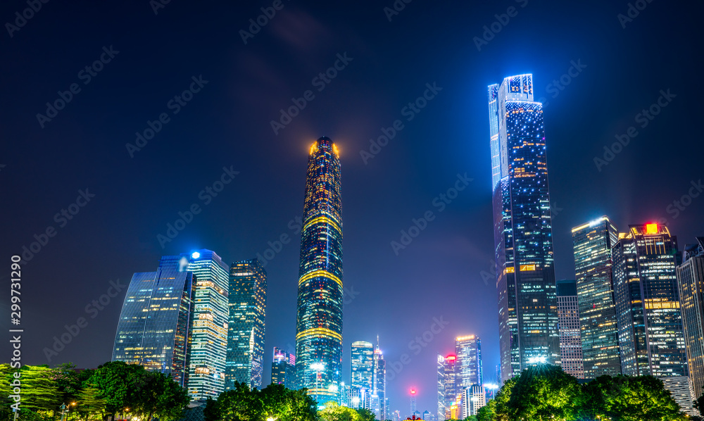 Night view of modern buildings in Guangzhou City Square..