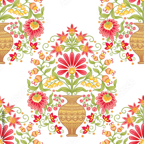 Tradition mughal motif, fantasy flowers in retro, vintage style. Seamless pattern, background. Vector illustration. Isolated on white background..